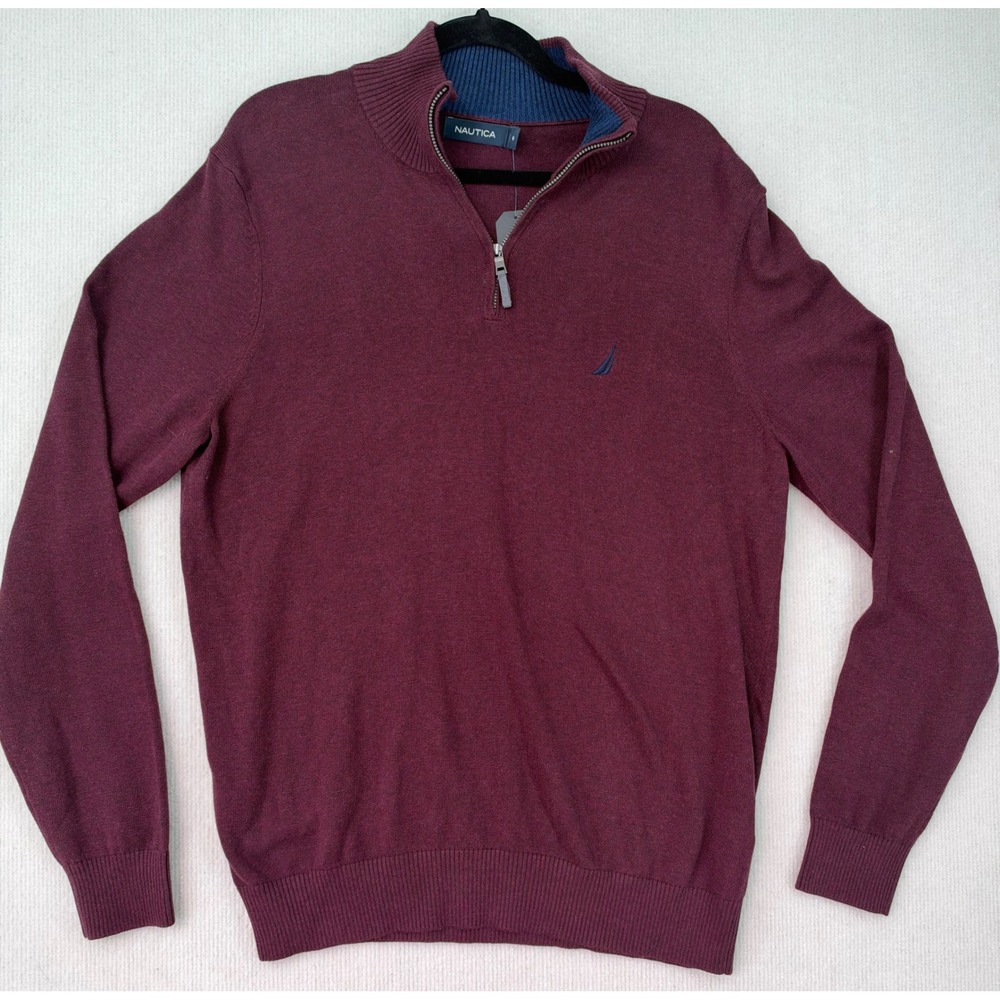 Nautica Mens Burgundy 100% Cotton Quarter Zip Pullover Sweater Size M